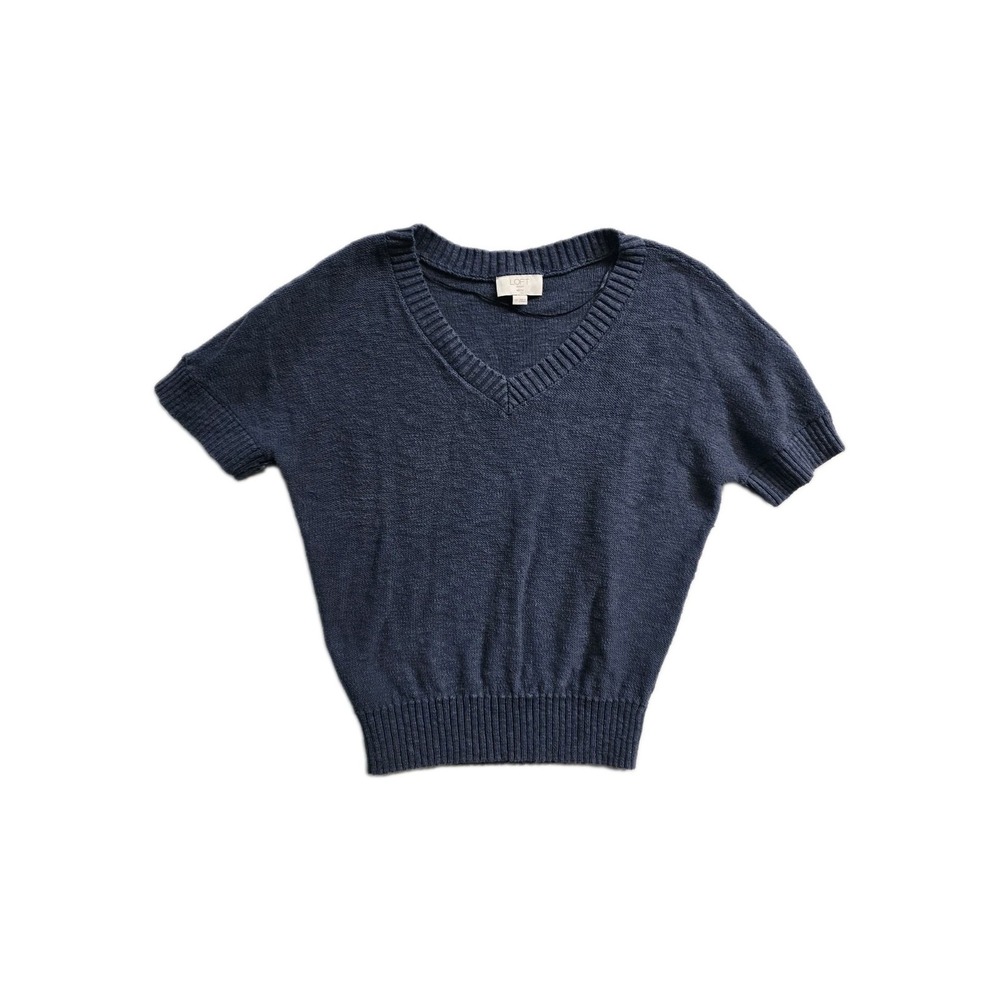 Loft Women's Knit Navy Blue Top Cotton  Vneck  Small Petite
